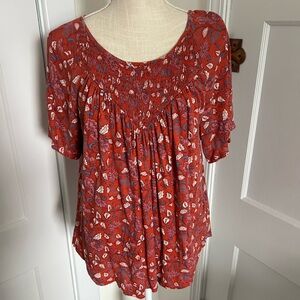 Lucky Brand Smocked Yoke Boho Top Size L EUC